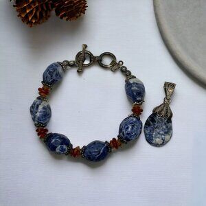 Artisan Crafted Sterling Silver Pendant and Bracelet Set Blue Sodalite Red Beads